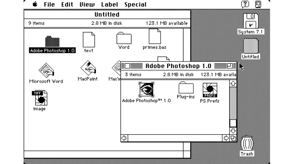 A black-and-white Macintosh desktop with two overlapping windows, each with a striped title bar.